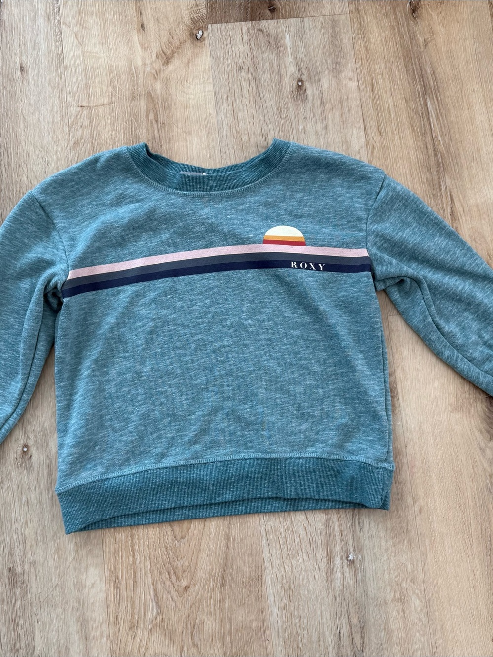 Roxy Girl Heathered Teal Retro Surf Sunset Stripe Knit Crewneck Pullover Sweater